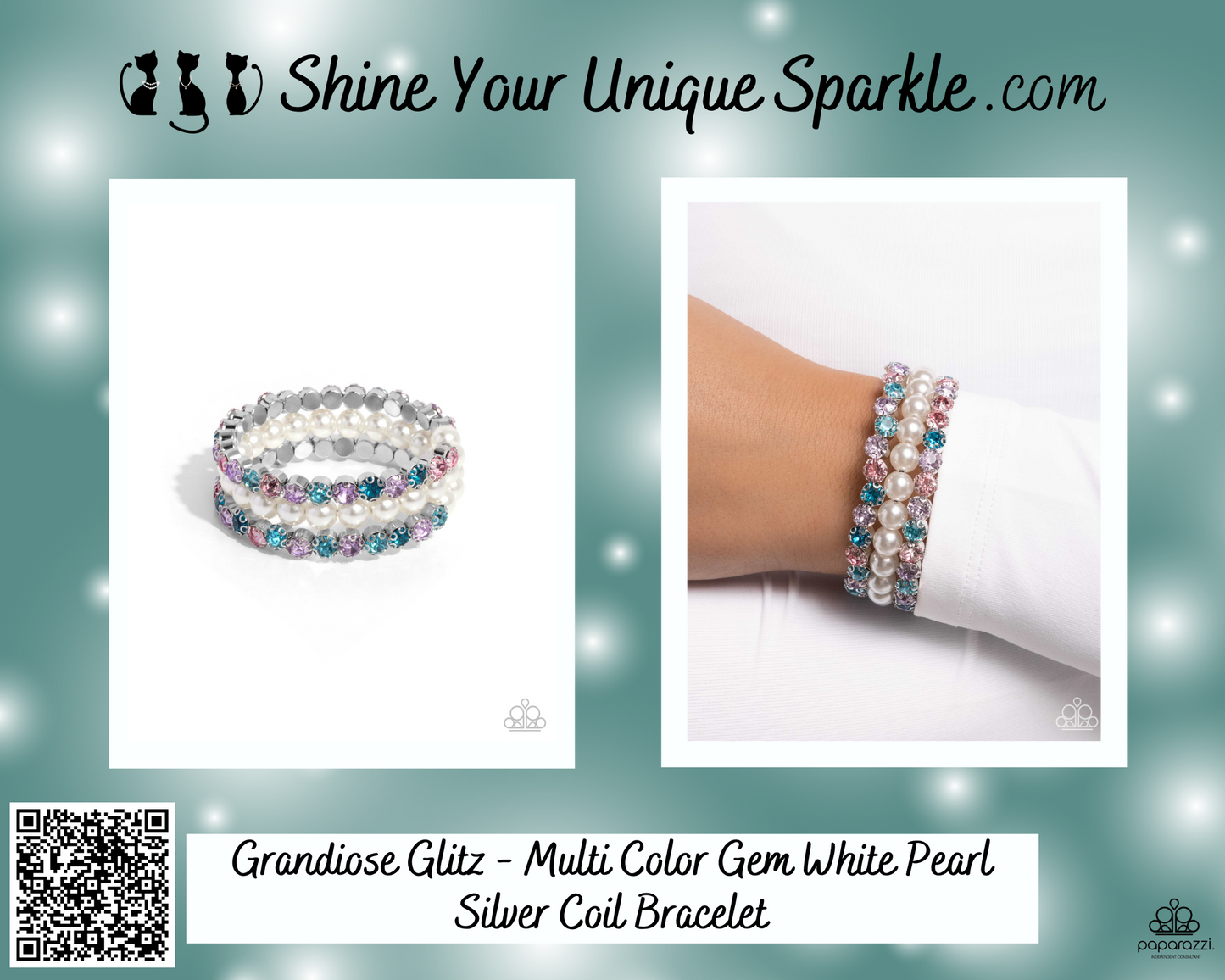 Grandiose Glitz - Multi Color Gem White Pearl Silver Coil Bracelet