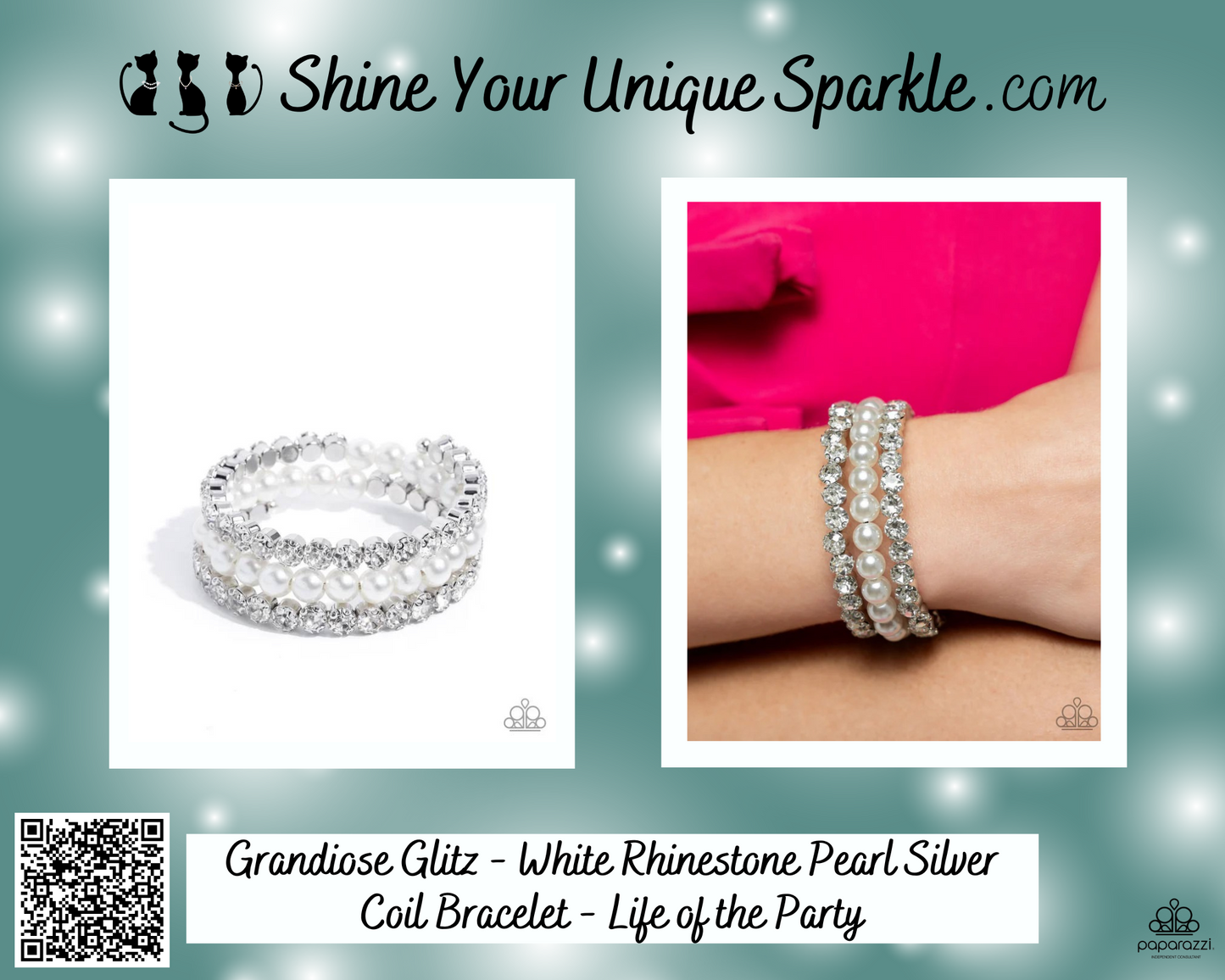 Grandiose Glitz - White Rhinestone Pearl Silver Coil Bracelet - Life of the Party