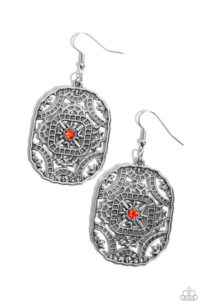 Greco-Roman Romance - Orange Bead Silver Filigree Earrings