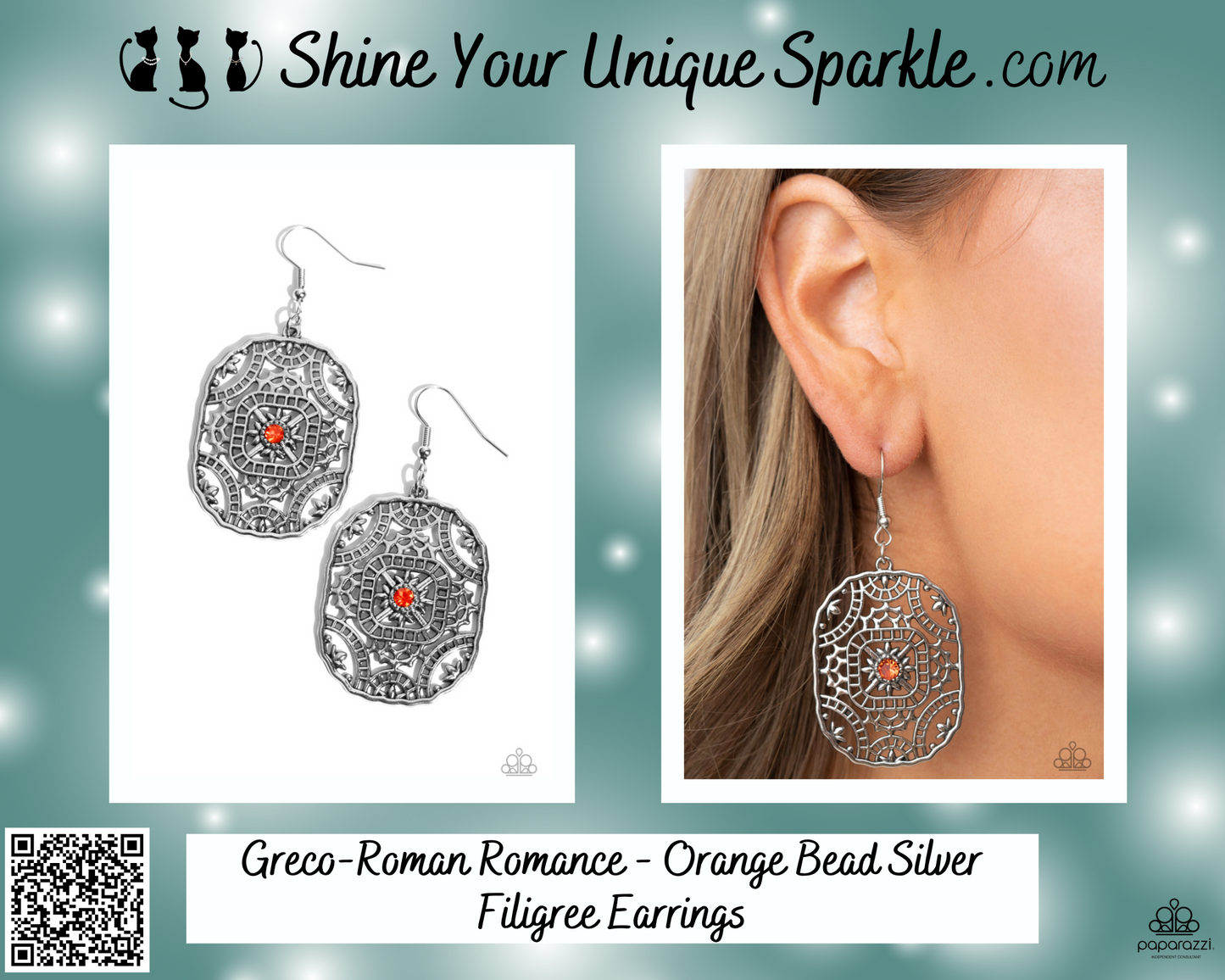 Greco-Roman Romance - Orange Bead Silver Filigree Earrings