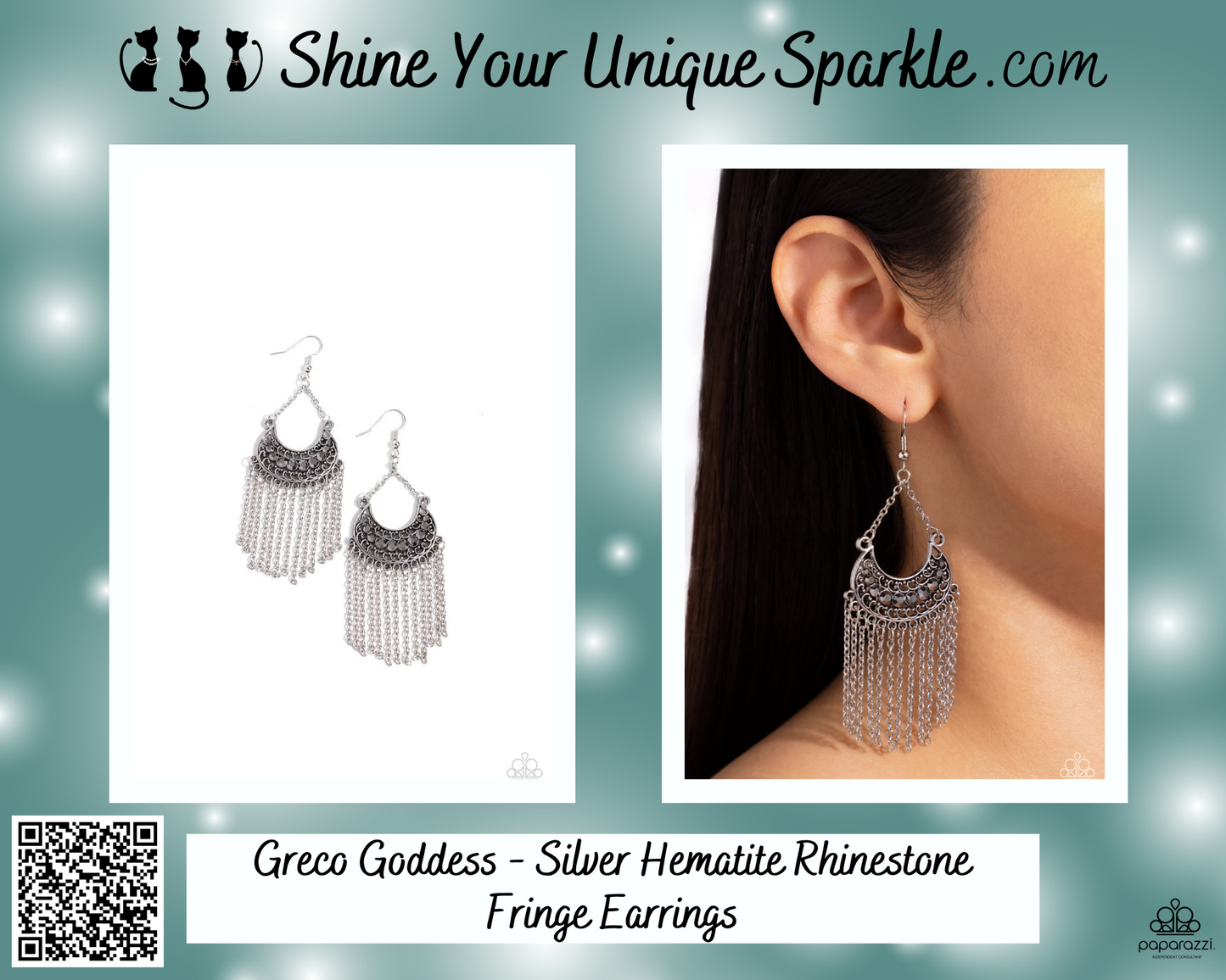 Greco Goddess - Silver Hematite Rhinestone Fringe Earrings