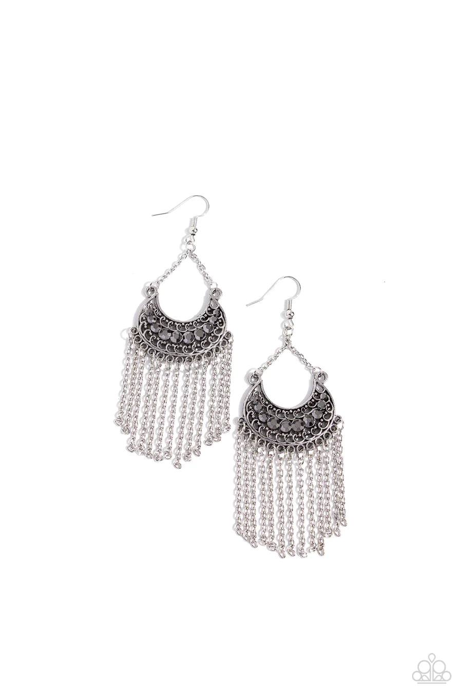 Greco Goddess - Silver Hematite Rhinestone Fringe Earrings