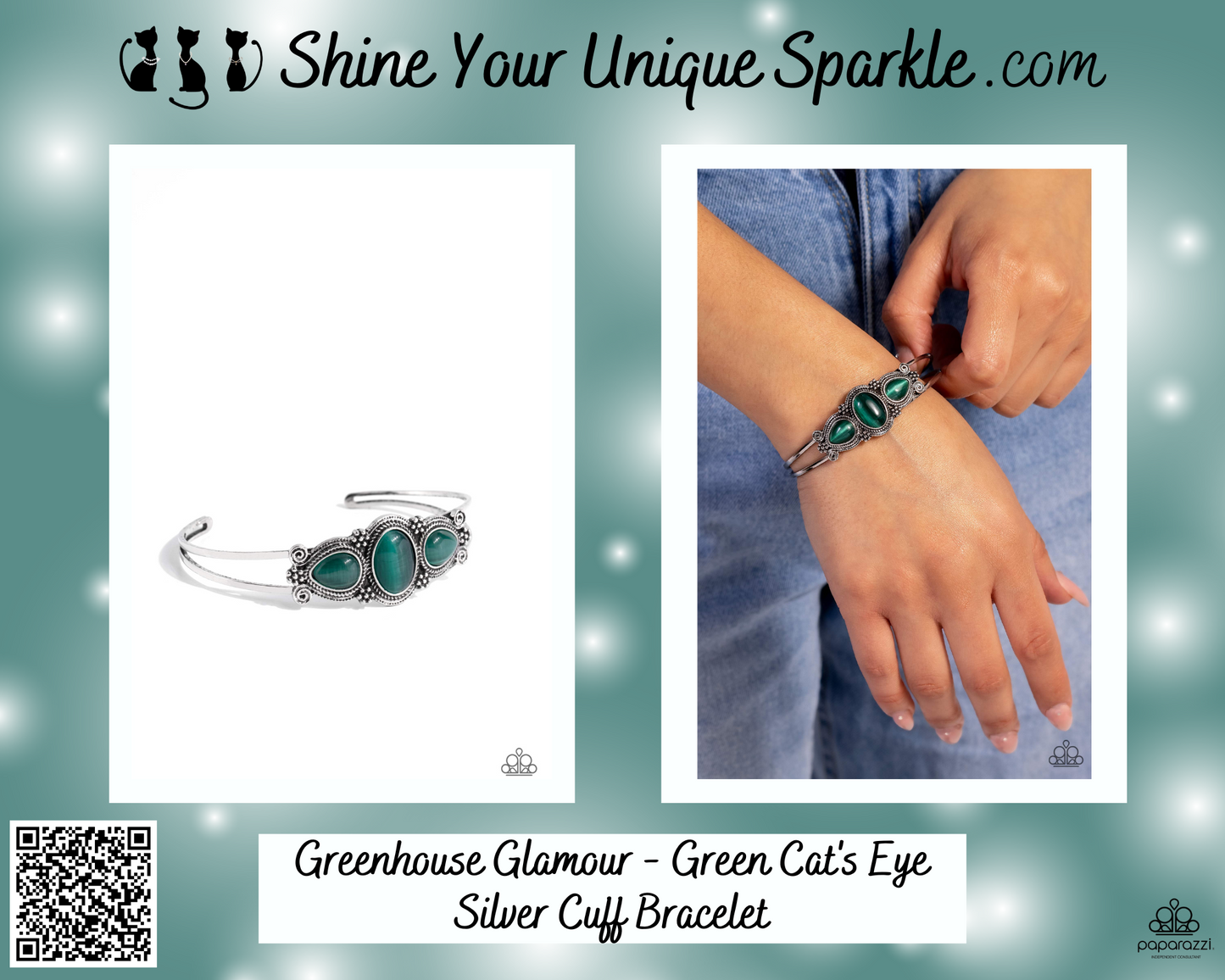 Greenhouse Glamour - Green Cat's Eye Silver Cuff Bracelet