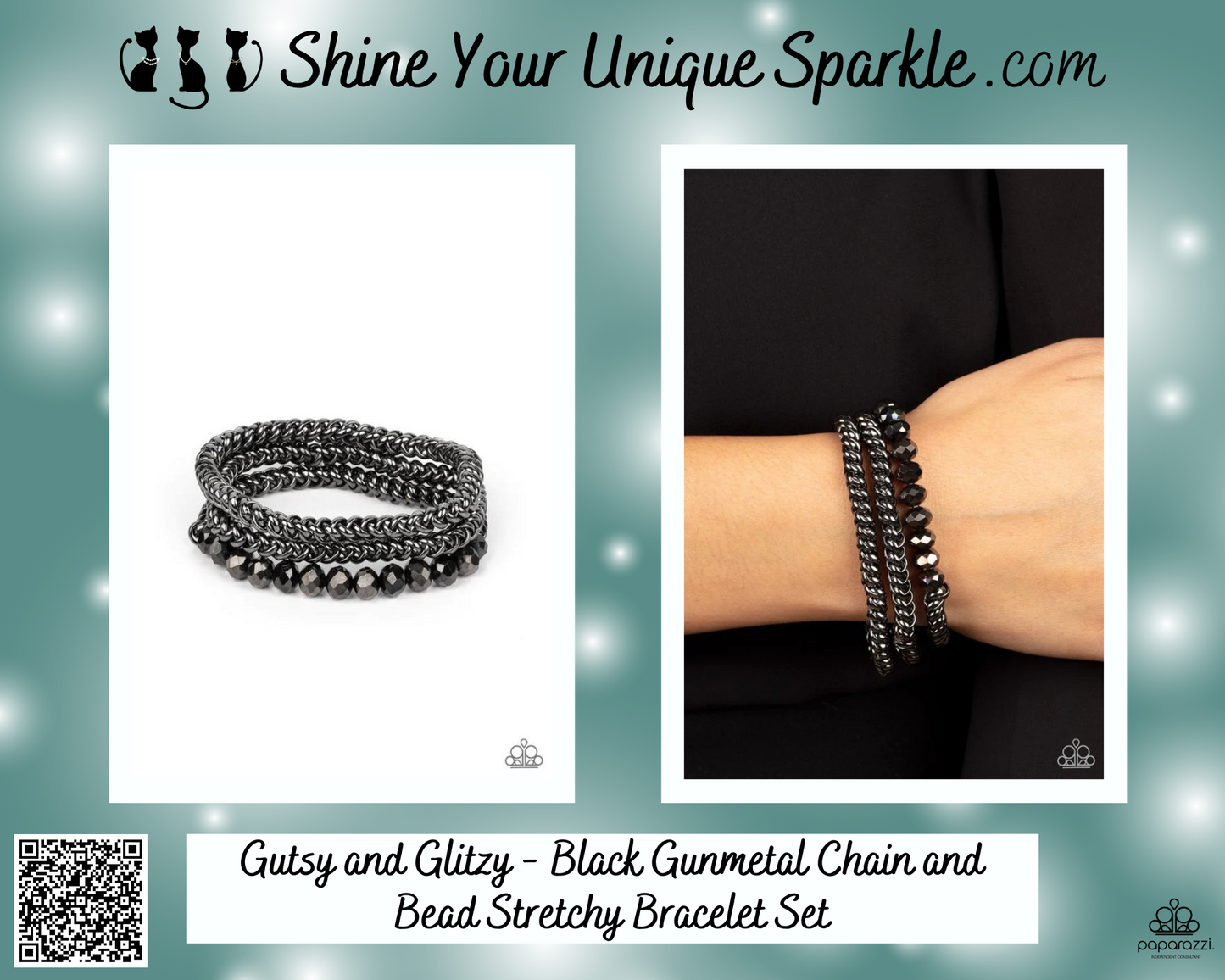 Gutsy and Glitzy - Black Gunmetal Chain and Bead Stretchy Bracelet Set