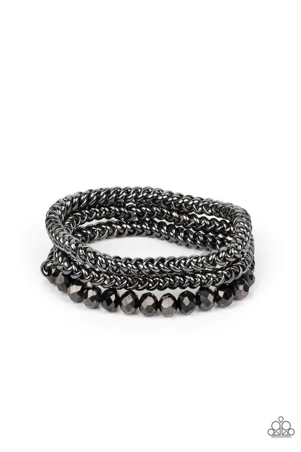 Gutsy and Glitzy - Black Gunmetal Chain and Bead Stretchy Bracelet Set