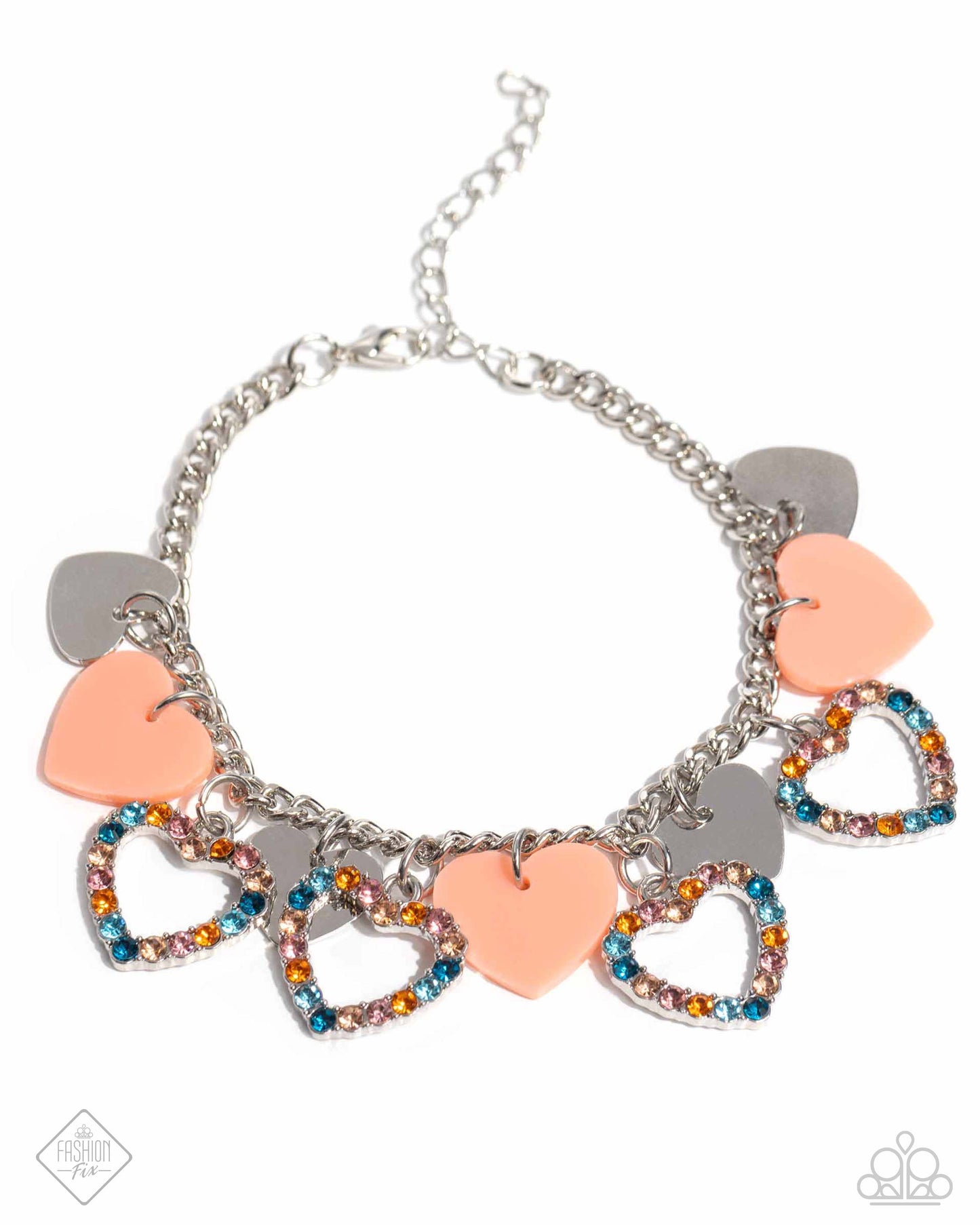HEART Time - Orange and Multi Color Rhinestone Silver Heart Clasp Bracelet - Fashion Fix