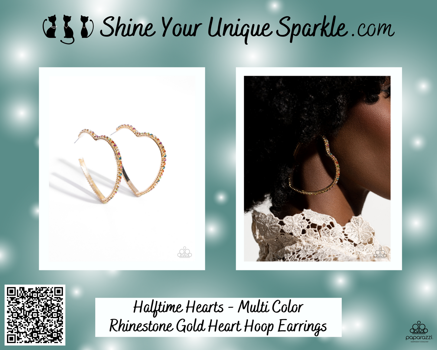 Halftime Hearts - Multi Color Rhinestone Gold Heart Hoop Earrings