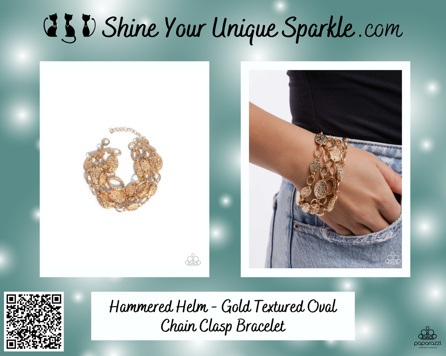 Hammered Helm - Gold Textured Oval Chain Clasp Bracelet