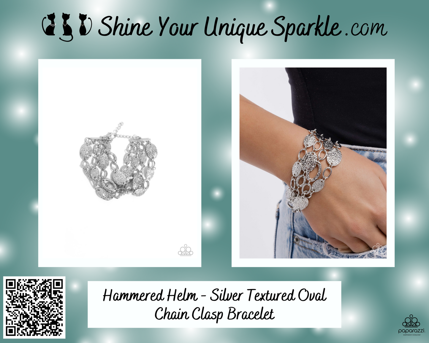 Hammered Helm - Silver Textured Oval Chain Clasp Bracelet