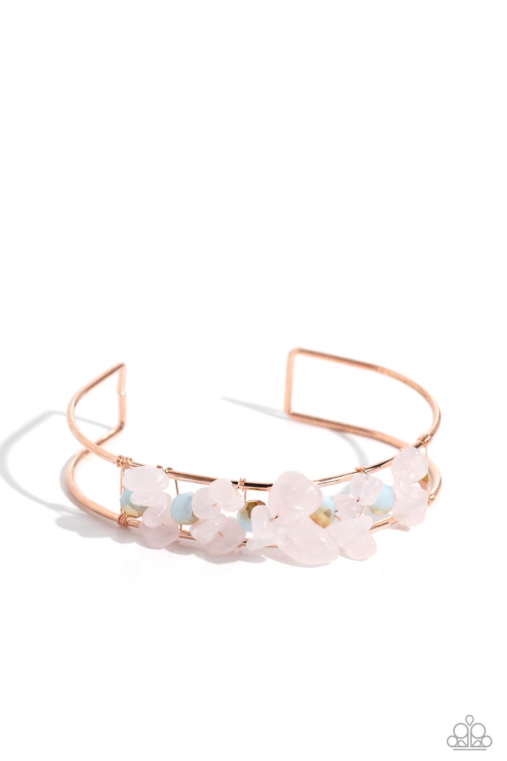Handcrafted Headliner - Copper Rose Quartz Stone Blue Beads Cuff Bracelet