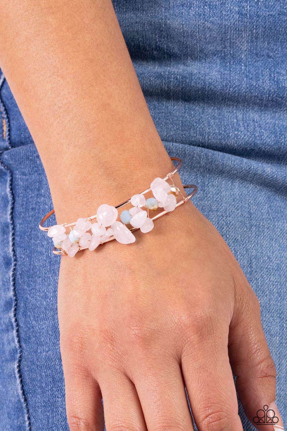 Handcrafted Headliner - Copper Rose Quartz Stone Blue Beads Cuff Bracelet