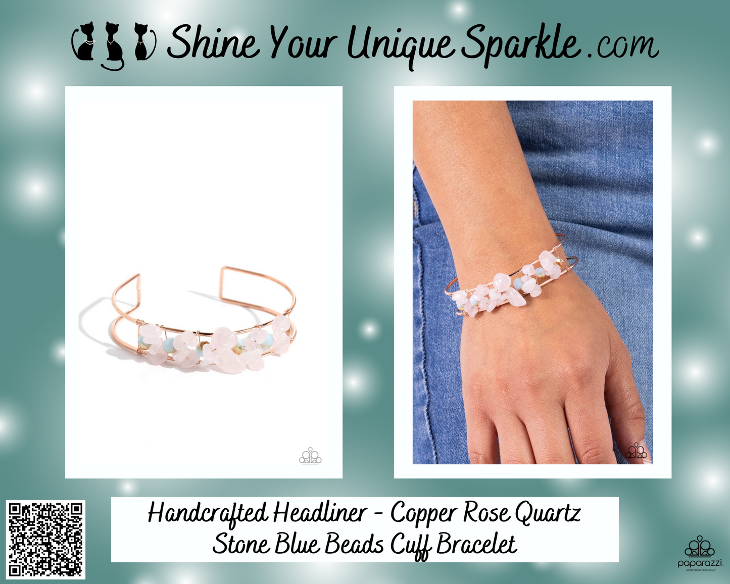 Handcrafted Headliner - Copper Rose Quartz Stone Blue Beads Cuff Bracelet