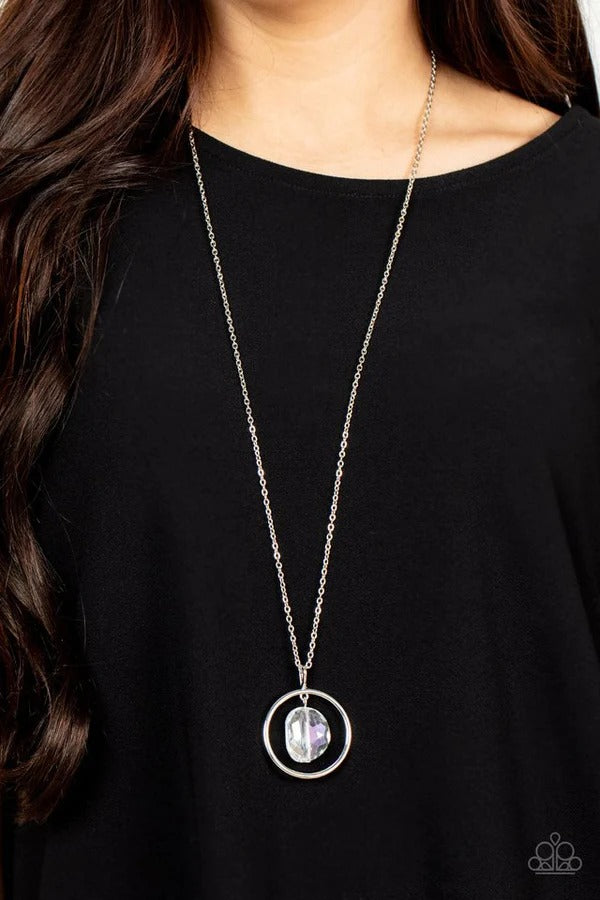 Hands-Down Dazzling - White Iridescent Gem Silver Circle Long Necklace