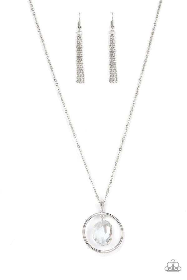 Hands-Down Dazzling - White Iridescent Gem Silver Circle Long Necklace