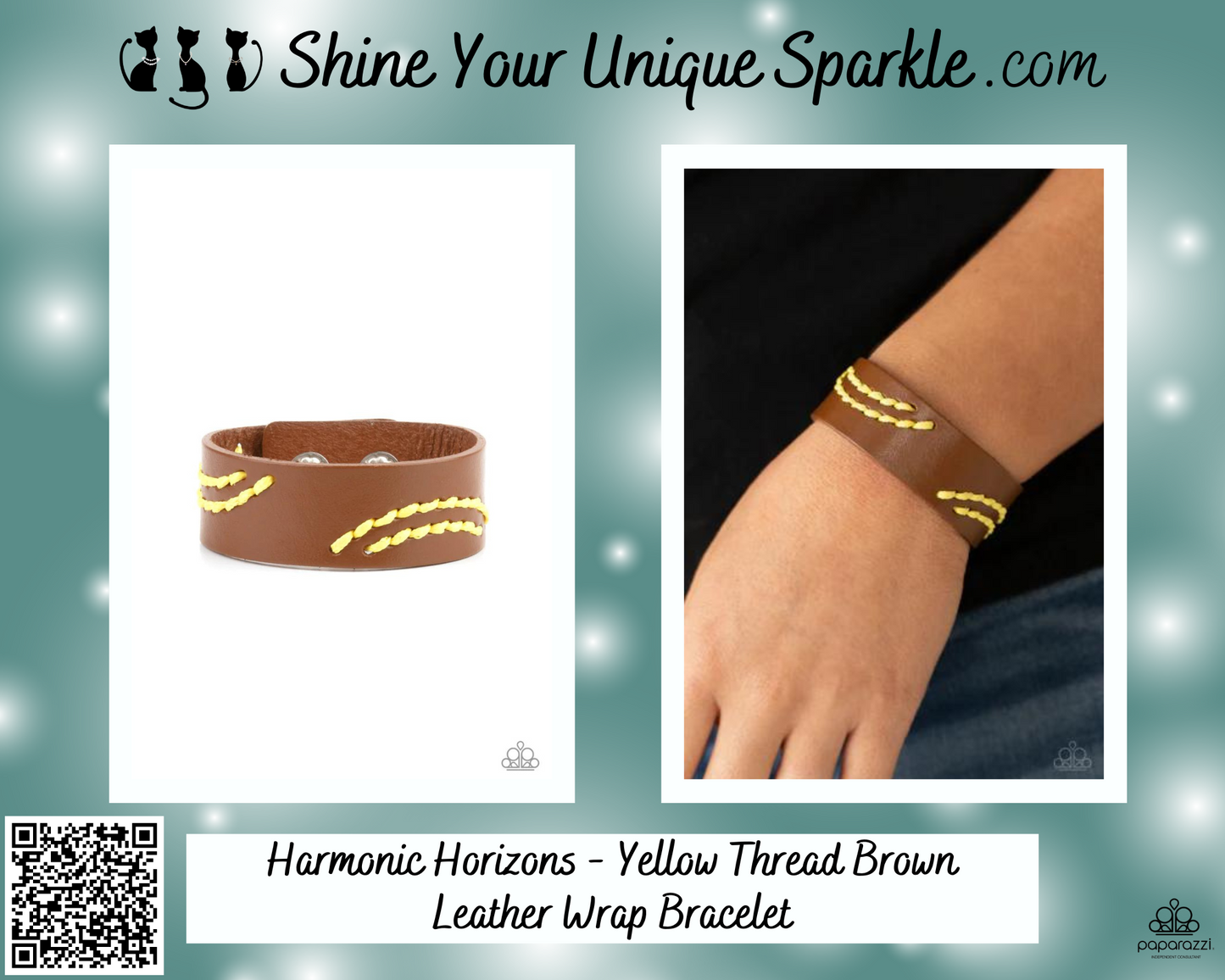 Harmonic Horizons - Yellow Thread Brown Leather Wrap Bracelet