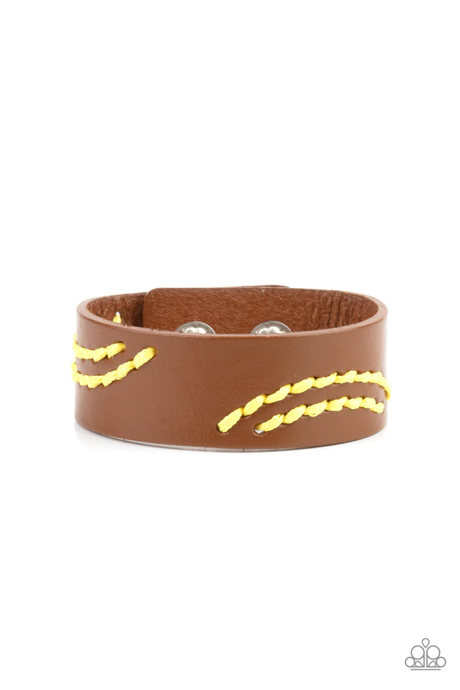 Harmonic Horizons - Yellow Thread Brown Leather Wrap Bracelet