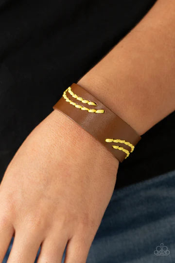 Harmonic Horizons - Yellow Thread Brown Leather Wrap Bracelet