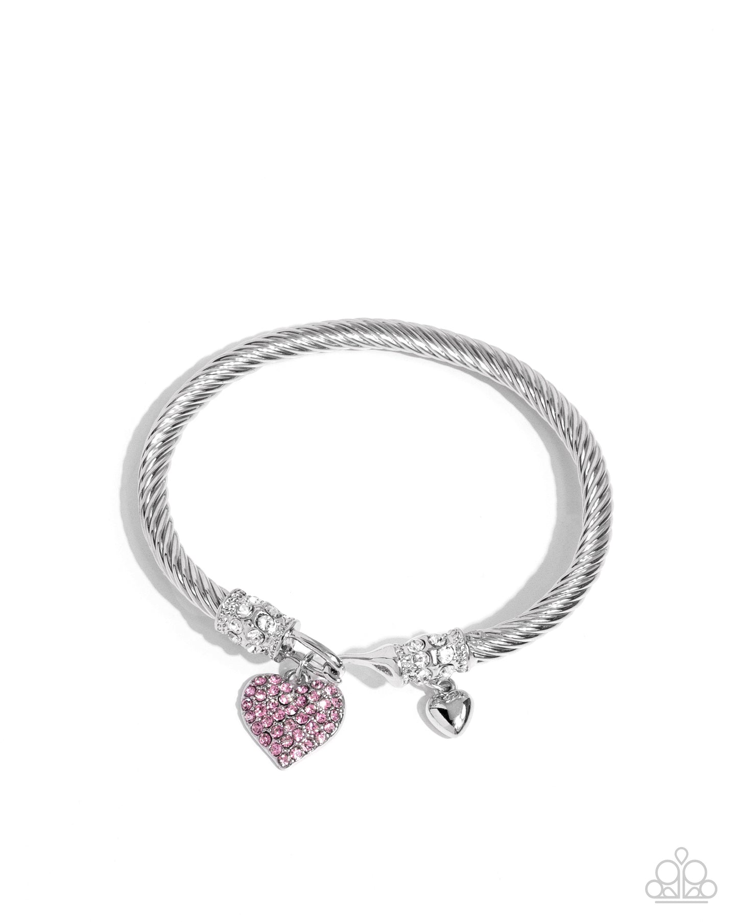 Heart Hour - Pink Rhinestone Heart Silver Hoop Hook and Eye Closure Bracelet
