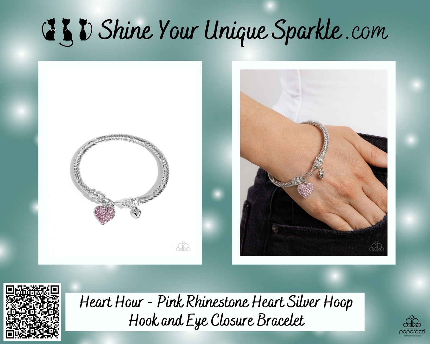 Heart Hour - Pink Rhinestone Heart Silver Hoop Hook and Eye Closure Bracelet