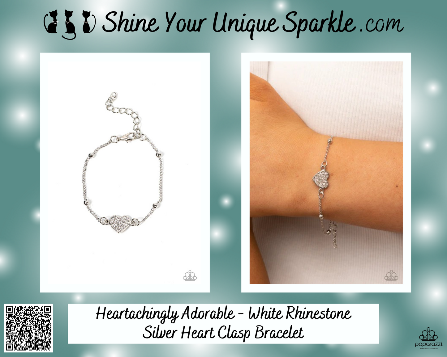 Heartachingly Adorable - White Rhinestone Silver Heart Clasp Bracelet