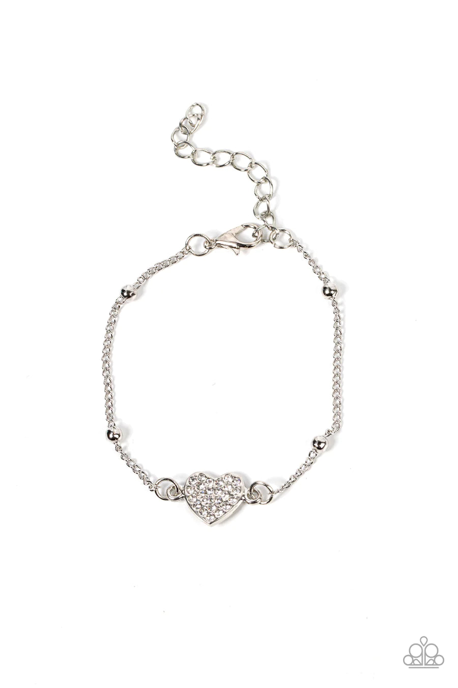 Heartachingly Adorable - White Rhinestone Silver Heart Clasp Bracelet
