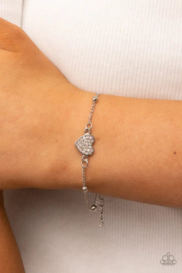 Heartachingly Adorable - White Rhinestone Silver Heart Clasp Bracelet