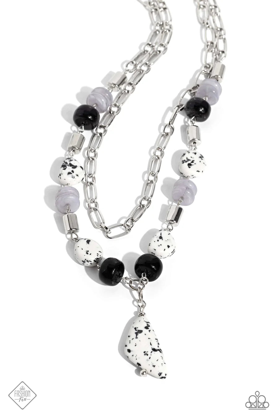High-End Habitat - Black and White Stone Bead Silver Layered Short Necklace - Fashion Fix