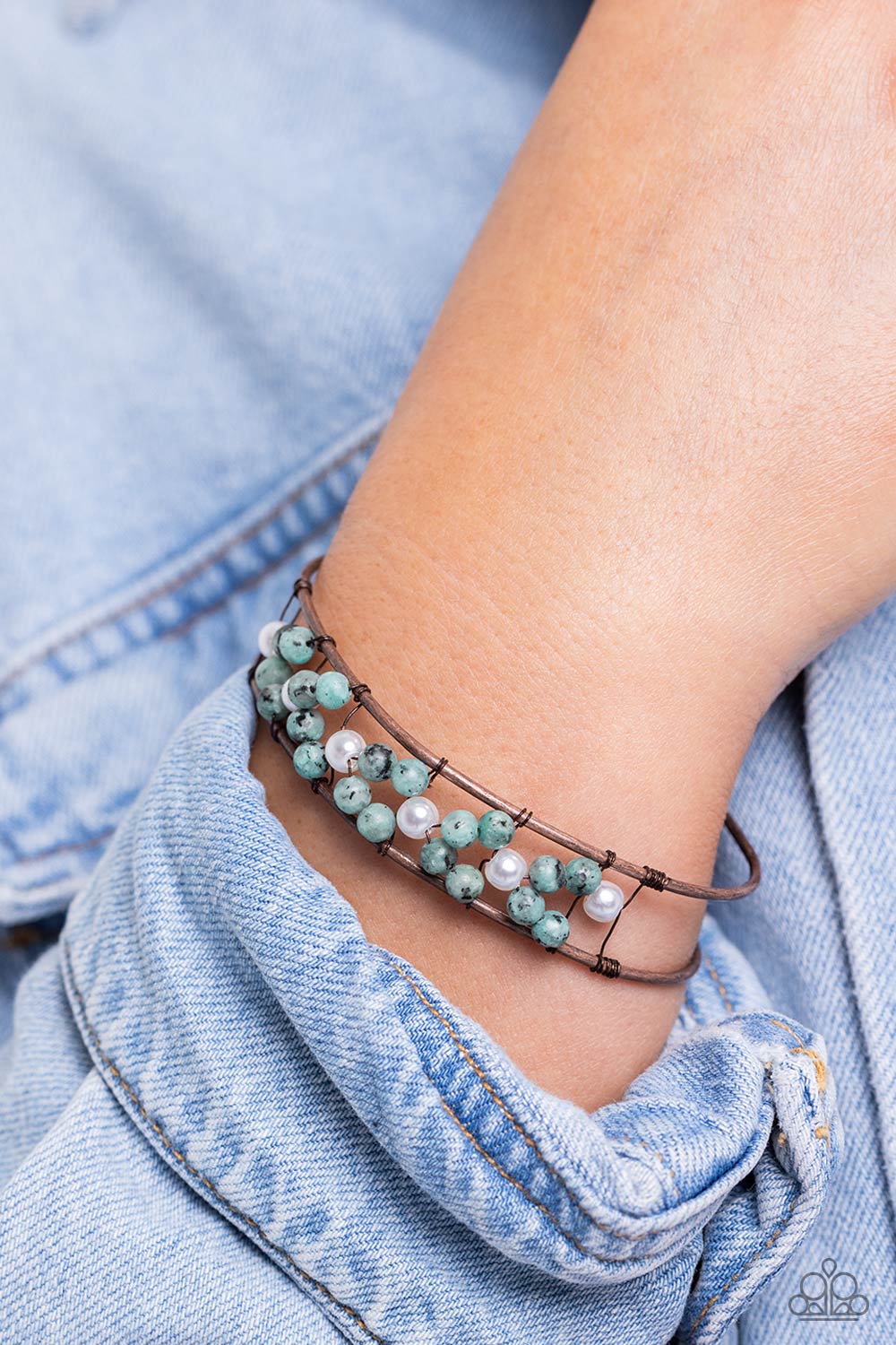 PERFECT MATCH / SET: Handcrafted Hallmark - Copper Green Bead White Pearl Brown Suede Long Necklace AND High-WIRE Hallmark - Copper Green Stone White Pearl Cuff Bracelet