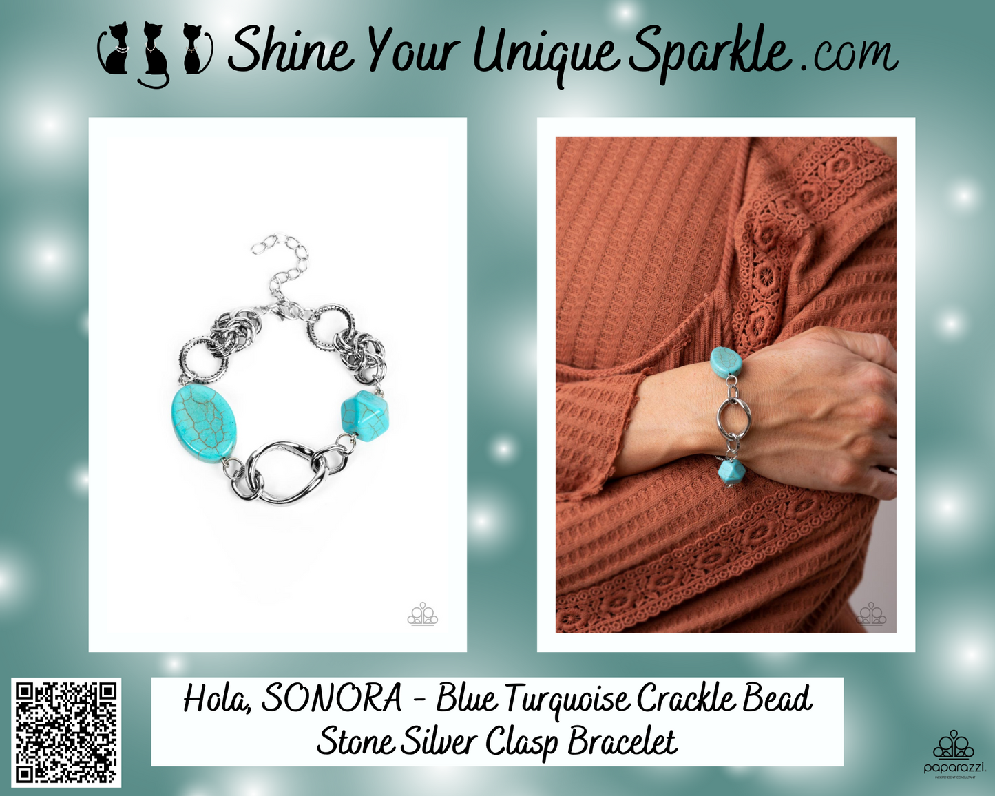 Hola, SONORA - Blue Turquoise Crackle Bead Stone Silver Clasp Bracelet