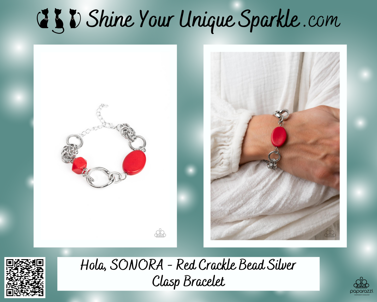 Hola, SONORA - Red Crackle Bead Silver Clasp Bracelet