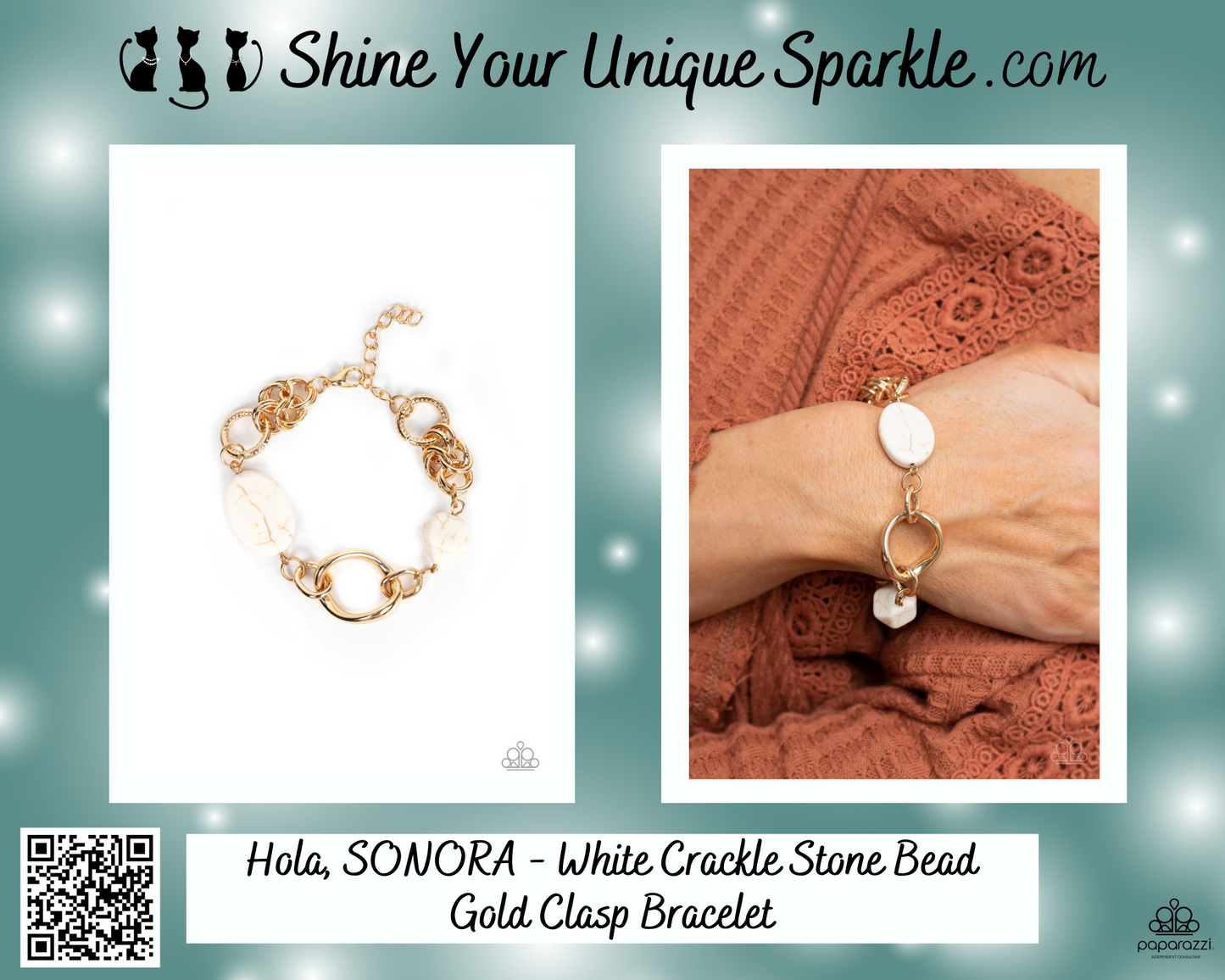 Hola, SONORA - White Crackle Stone Bead Gold Clasp Bracelet