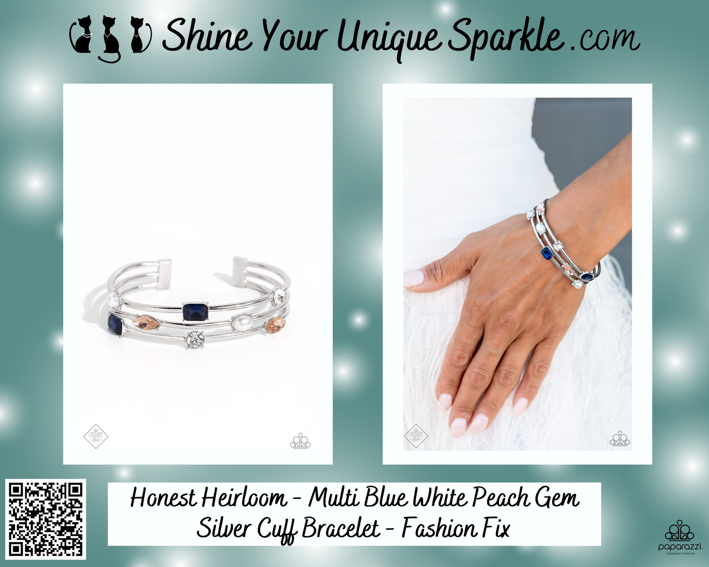 Honest Heirloom - Multi Blue White Peach Gem Silver Cuff Bracelet - Fashion Fix