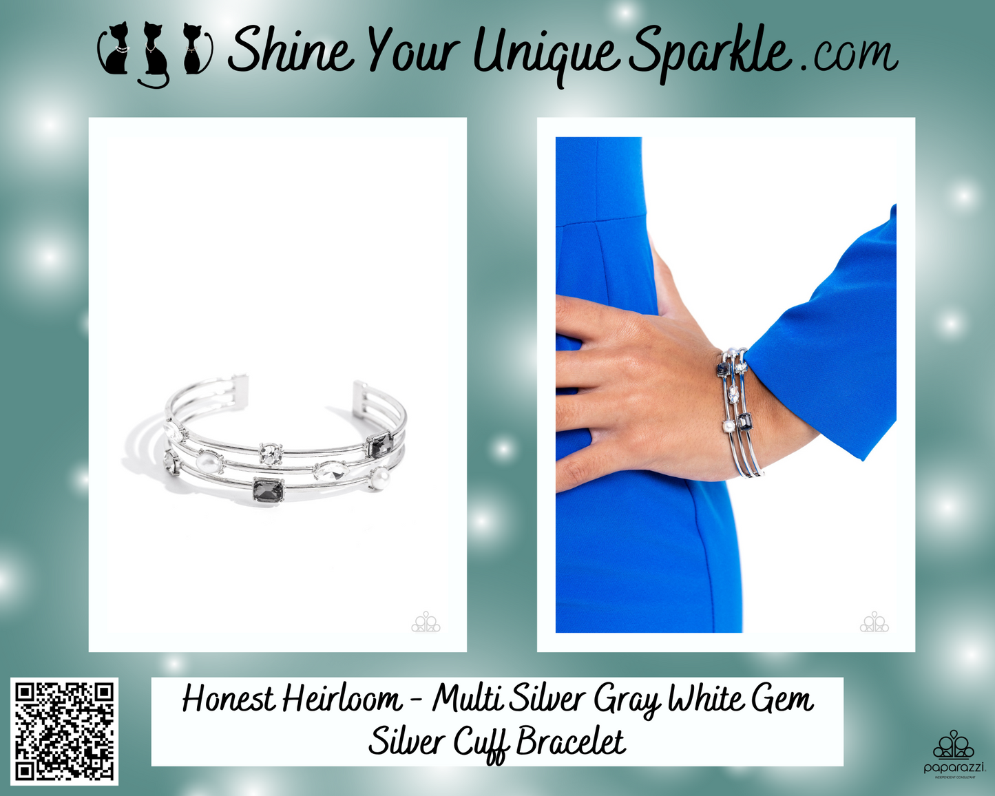 Honest Heirloom - Multi Silver Gray White Gem Silver Cuff Bracelet