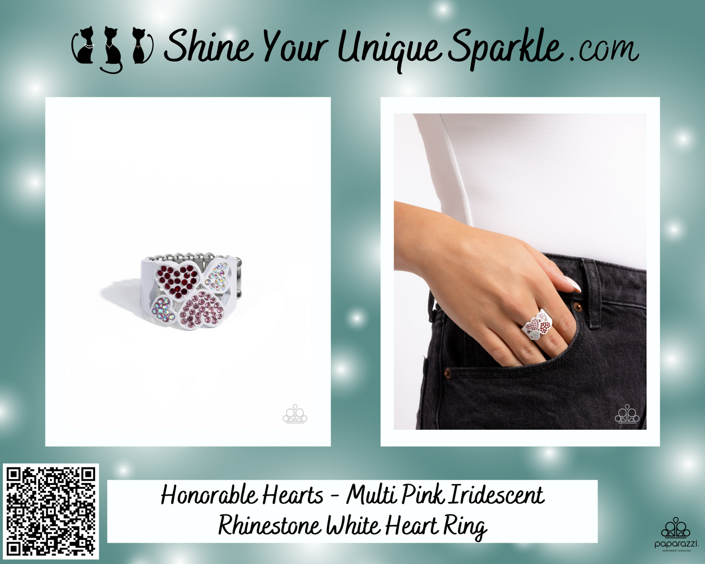 Honorable Hearts - Multi Pink Iridescent Rhinestone White Heart Ring