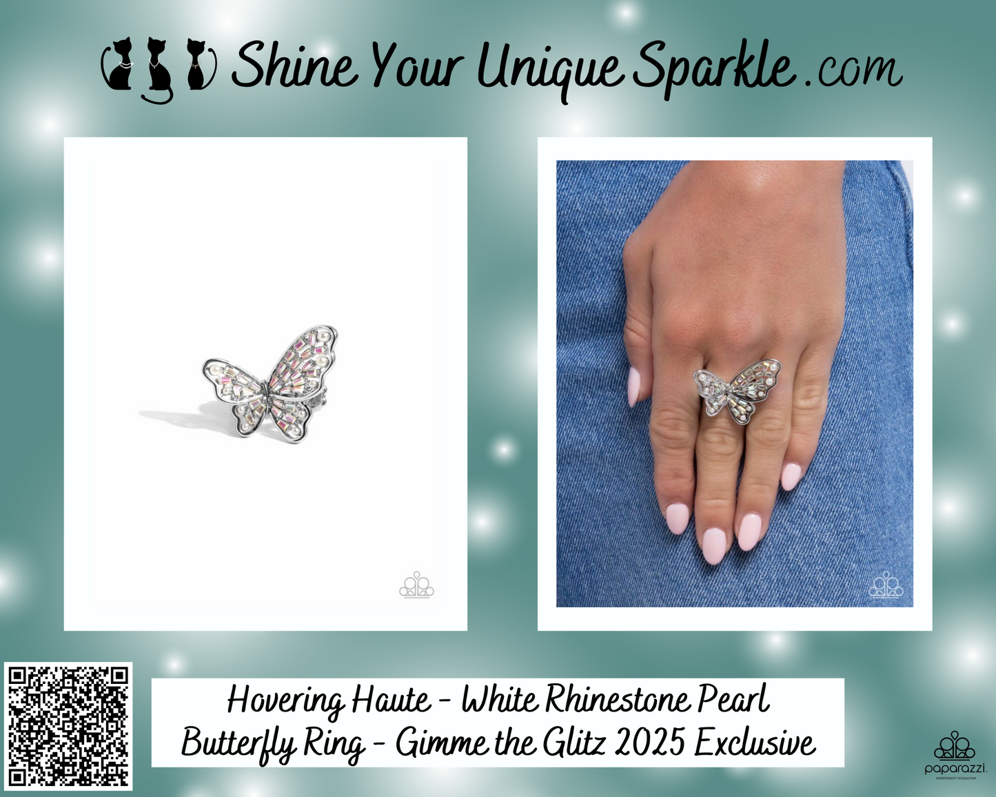 Hovering Haute - White Rhinestone Pearl Butterfly Ring - Gimme the Glitz 2025 Exclusive