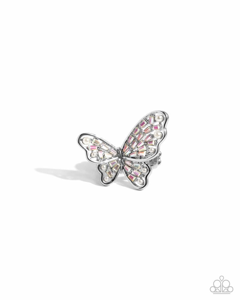 Hovering Haute - White Rhinestone Pearl Butterfly Ring - Gimme the Glitz 2025 Exclusive