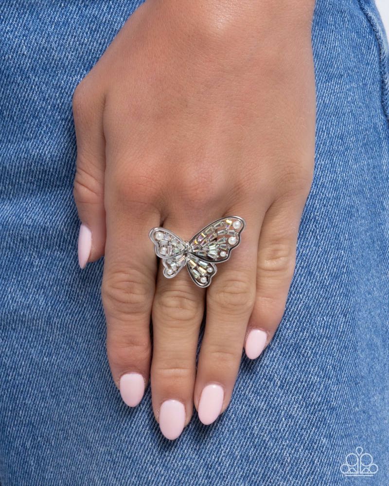Hovering Haute - White Rhinestone Pearl Butterfly Ring - Gimme the Glitz 2025 Exclusive