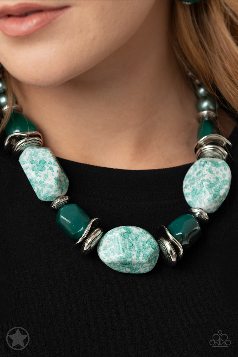 In Good Glazes - Blue / Teal Green Chunky Bead Blockbuster Short Necklace
