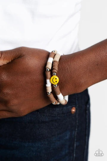 In SMILE - Brown Bead Smiley Face Stretchy Bracelet