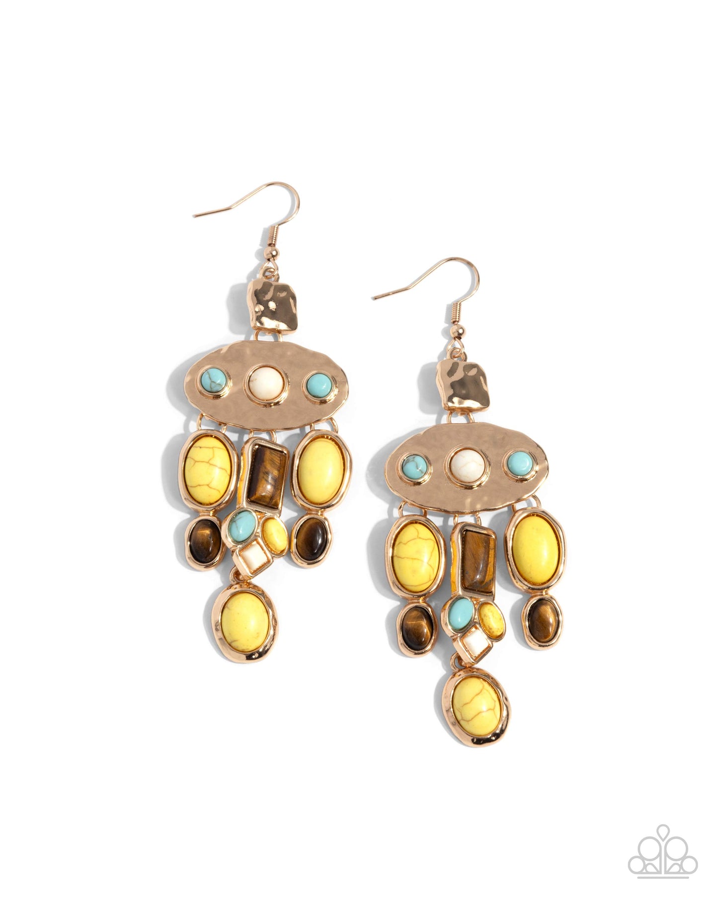 Inspired Interval - Yellow White Turquoise Crackle Stone Gold Oval Fishhook Earrings