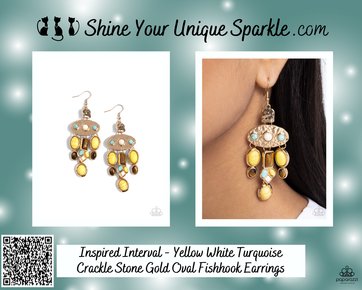 Inspired Interval - Yellow White Turquoise Crackle Stone Gold Oval Fishhook Earrings