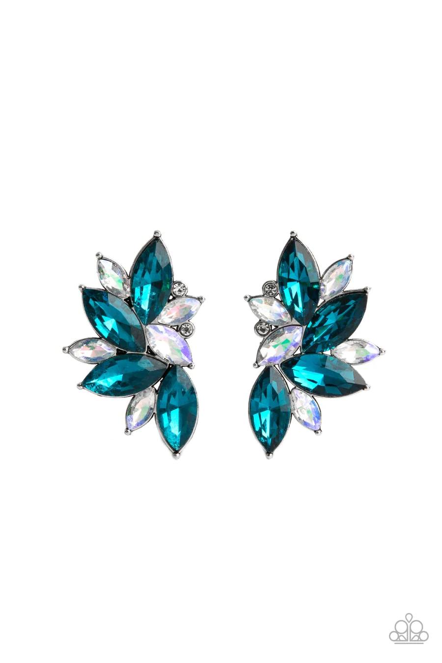 PERFECT MATCH / SET: Frosted Florescence - Blue and White Gem Silver Short Necklace AND Instant Iridescence - Blue and Iridescent Rhinestone Silver Post Earrings