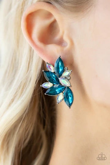 PERFECT MATCH / SET: Frosted Florescence - Blue and White Gem Silver Short Necklace AND Instant Iridescence - Blue and Iridescent Rhinestone Silver Post Earrings