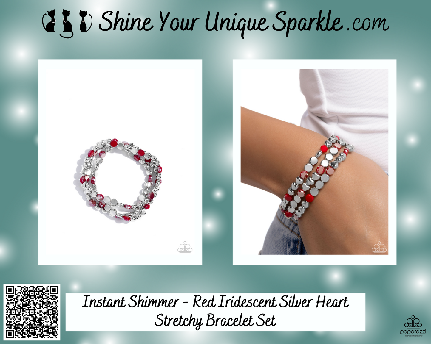 Instant Shimmer - Red Iridescent Silver Heart Stretchy Bracelet Set