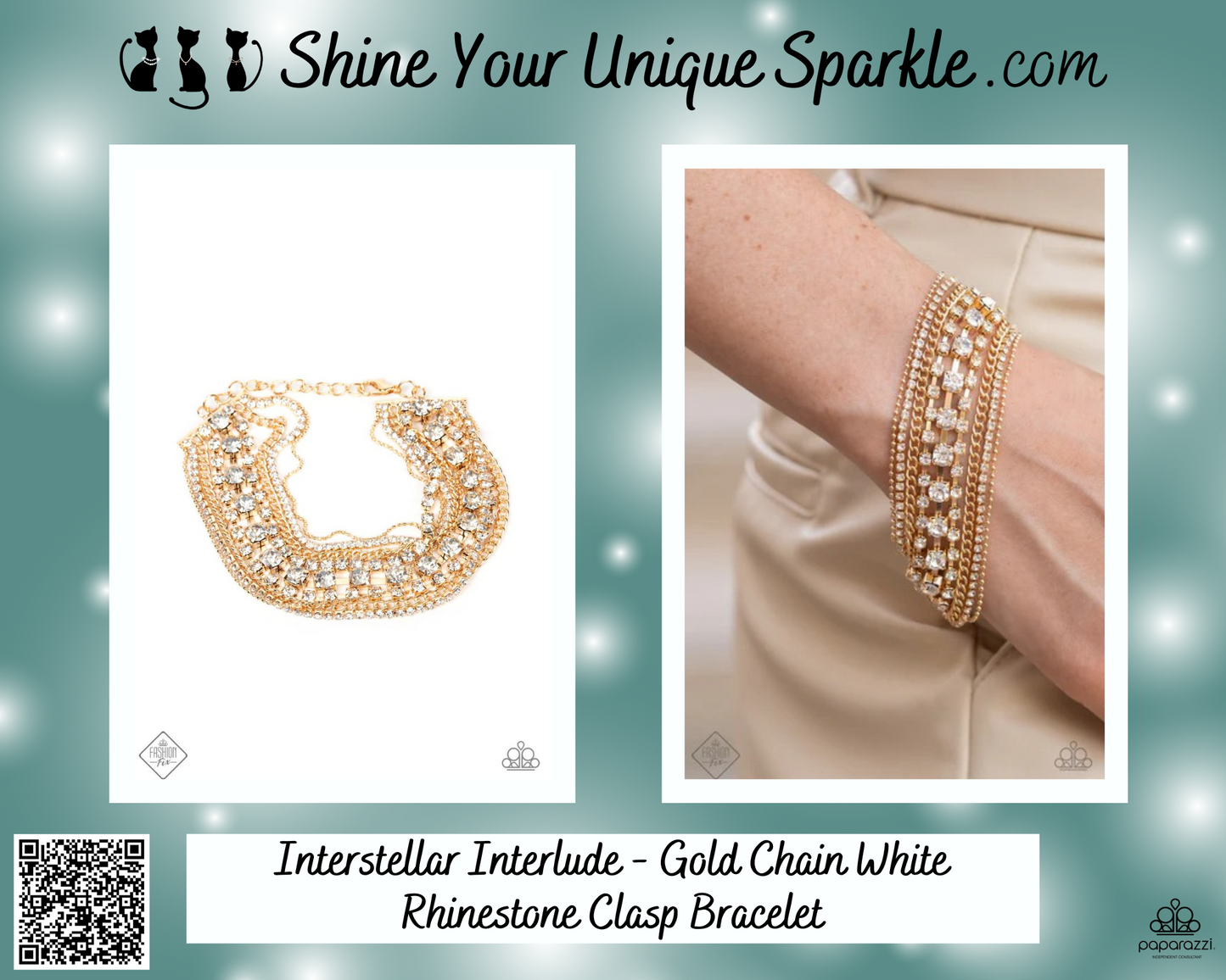 Interstellar Interlude - Gold Chain White Rhinestone Clasp Bracelet