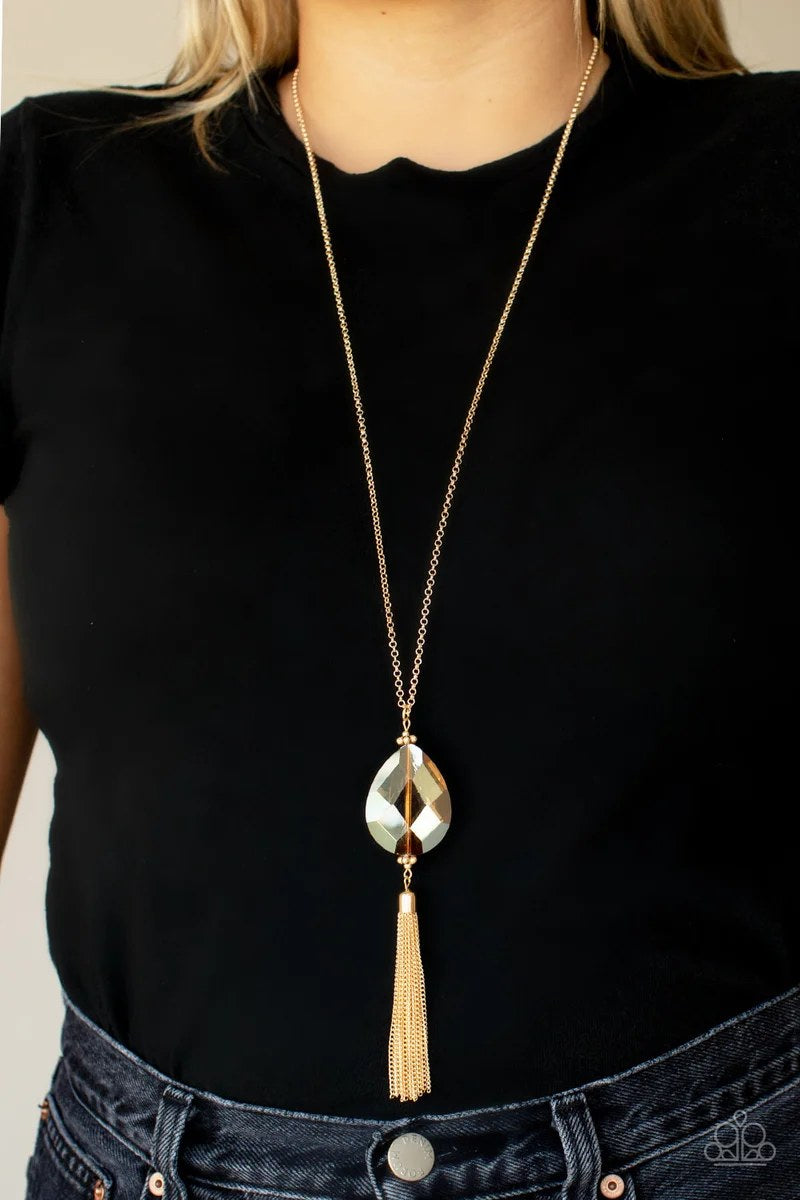 Interstellar Solstice - Gold Iridescent Gem Tassel Long Necklace