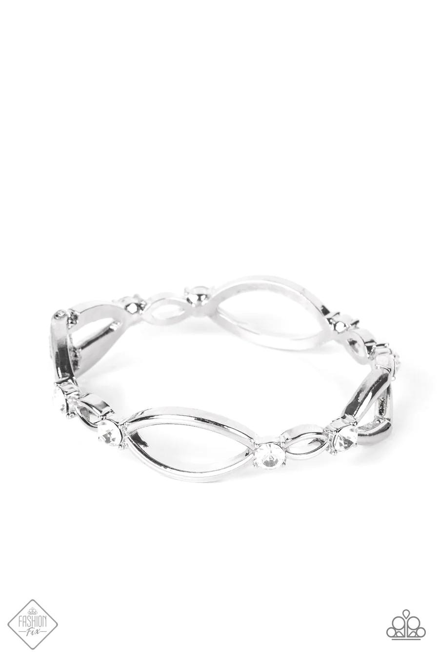 Interwoven Illusion - White Rhinestone Silver Hinged Bracelet - Fashion Fix