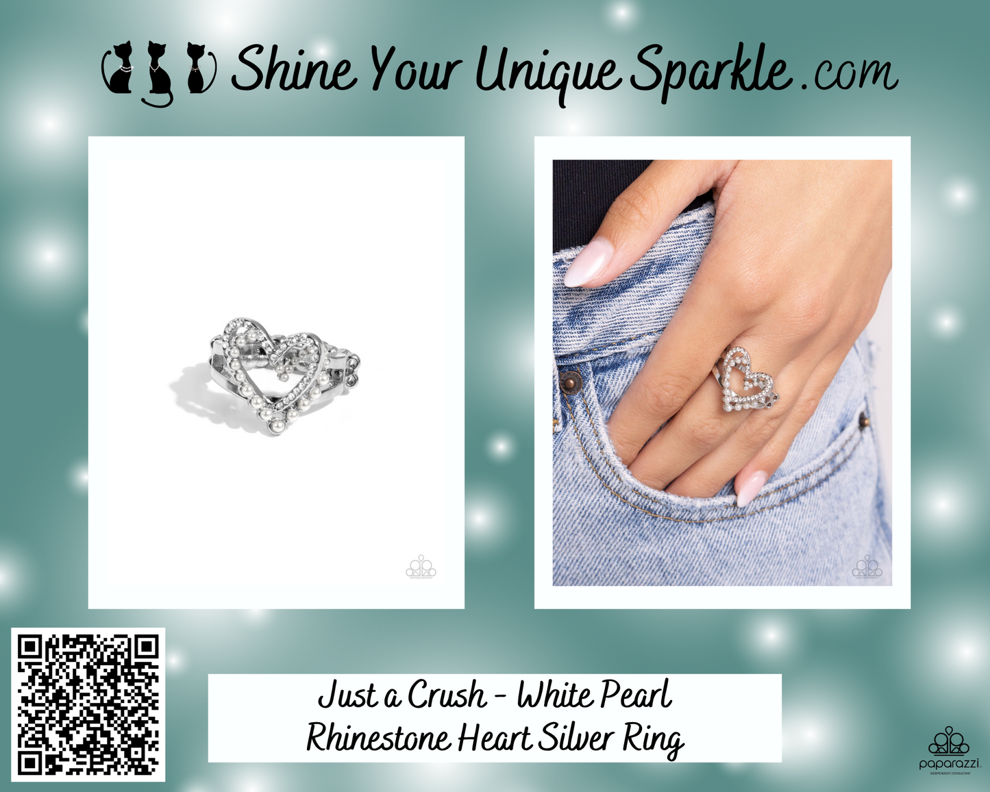 Just a Crush - White Pearl Rhinestone Heart Silver Ring