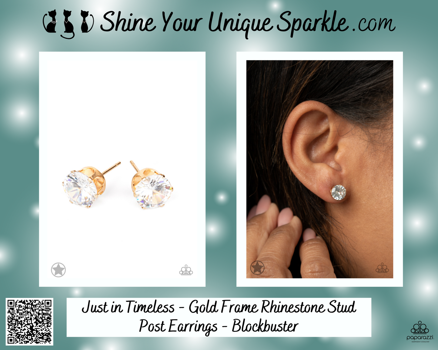 Just in Timeless - Gold Frame Rhinestone Stud Post Earrings - Blockbuster