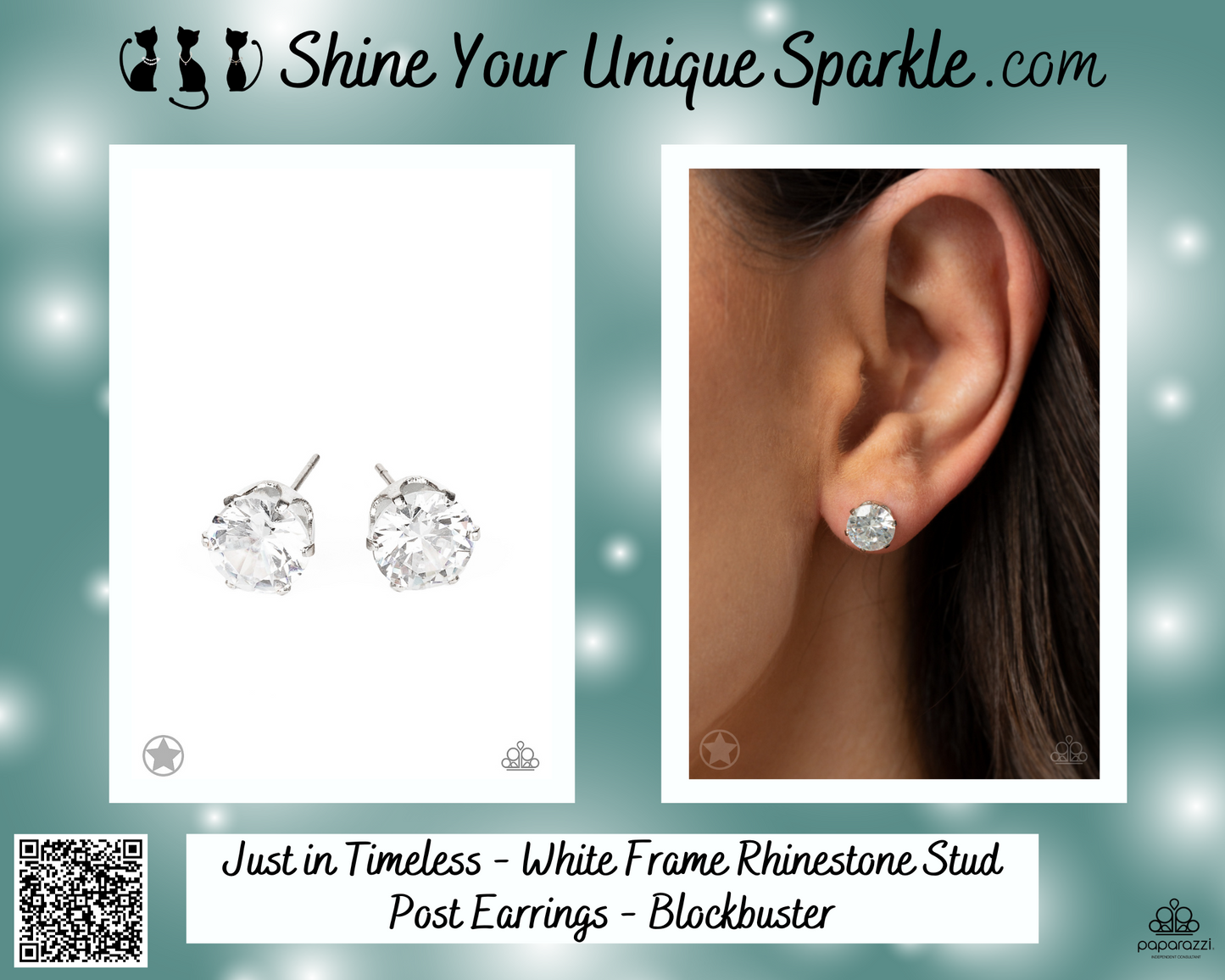 Just in Timeless - White Frame Rhinestone Stud Post Earrings - Blockbuster